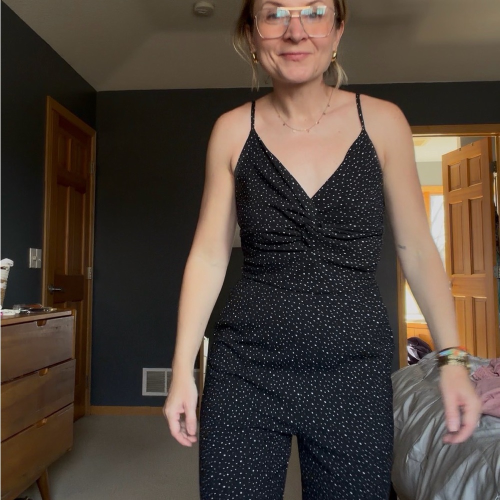 Allison Joy Black Polka-Dot Spaghetti-Strap Jumpsuit